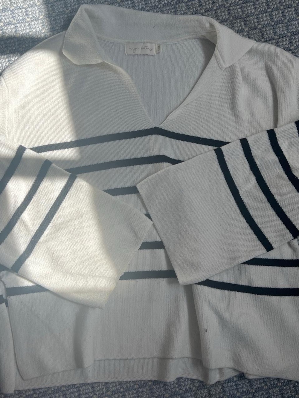 Lightweight White Knit Sweater with Navy Stripes - Collared V-Neck